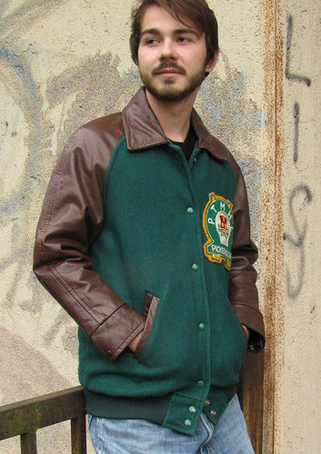 Originale College Jacke "PTMHL" mit Lederärmel seltene Vintagejacke aus Kanada Größe S secondhand