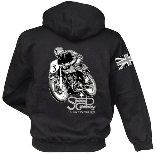 Zip Hoodie mit Vintage Motorcycle Racing Print TT Manx in Race-Action in black von M-XXL