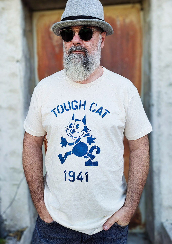 Vintage T-Shirt "Tough Cat", original WW2 Navy Style handgemachter Stencilprint in vintagewhite