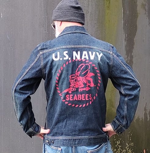 Handbedruckte Navy Jeansjacke von Dickies mit Customprints vorn und hinten in Größe L