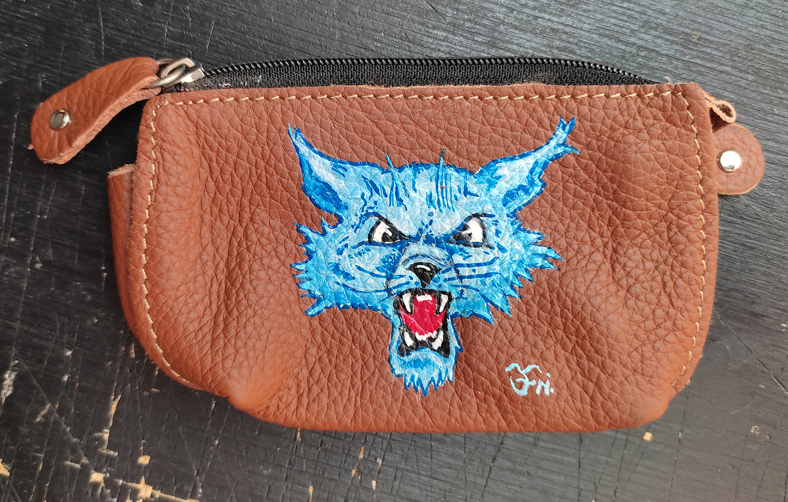 Schlüsseltasche "Blue Cat" aus Leder, mit exclusive handbemalte Custom Artwork