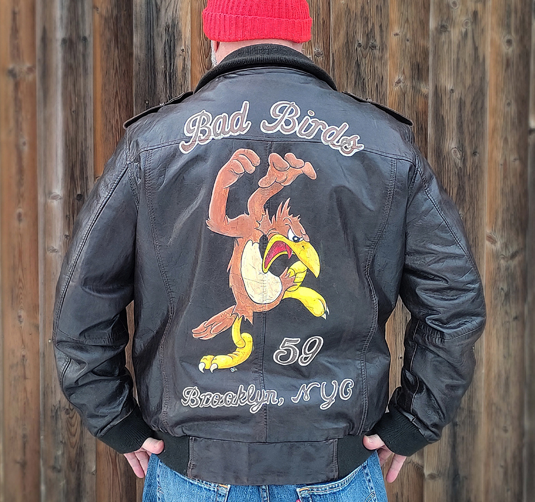 Außergewöhnliche Lederjacke mit Custom Painting, großflächige Vintagebemalung auf dem Rücken, in XXL